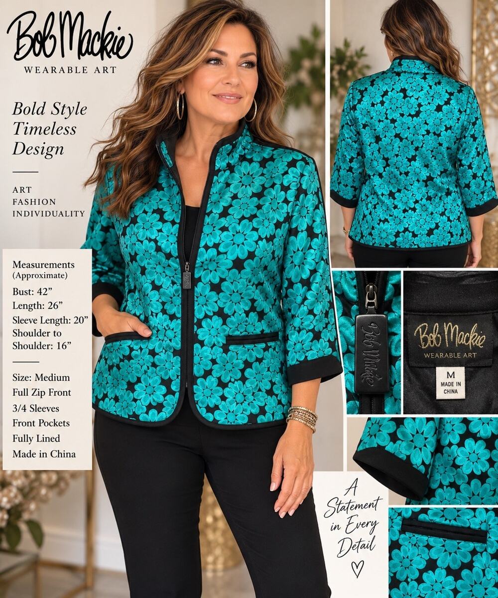 Bob Mackie Wearable Art Jacket M Teal Black Floral Zip 3/4 Slve Statement Retro